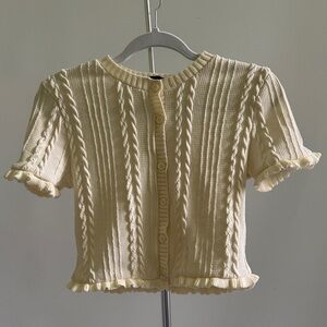 Zara Size Medium Cream Button Down Sweater Shrug Cable Knit Cardigan Ruffles